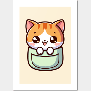 Domestic Shorthair Cat in Pocket Kawaii Peeking Kitten Posters and Art